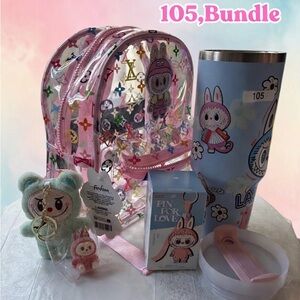 105,Clear Patterned Backpack with Cartoon Designed plus a Labubu Theme Tumbler